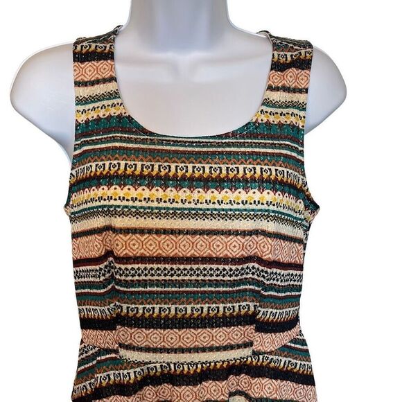 Teeze Me Juniors 3 Brown Tan Stripe Aztec Print Scoop Neck Fit And Flare Dress - Picture 3 of 8